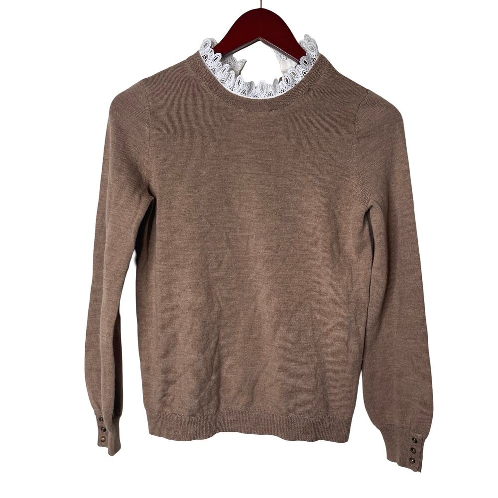 Sezane Eduardo camel latte merino wool jumper white lace collar XS - Picture 2 of 10